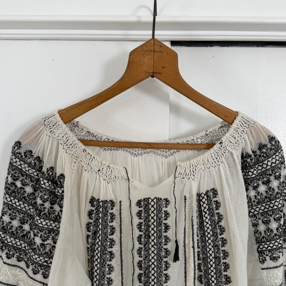 Vintage 1950s Cotton Gauze Embroidered Peasant Blouse White Black Boho Folk Top
